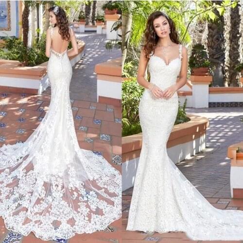 Country Mermaid Wedding Dresses Hot Backless Spaghetti Neck Full Lace Applique Bridal Gowns Court Train Cheap Wedding Dress