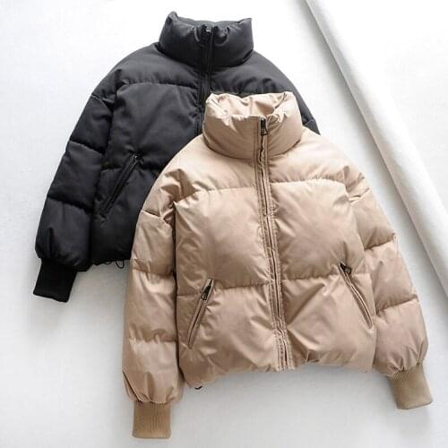 Trendy Autumn Winter Stand Collar Zipper Short Cotton Coat Loose Thick Warm Snow Parka Casual Female Black Jacket Outwear