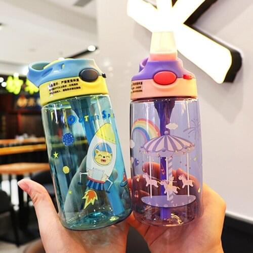 Cartoon Straw Cup Lovely Printed Plastic Water Bottle with Cover and Handle Platypus Shaped Bouncing Cover Portable Coffee Cup