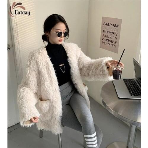 Cotday Tender Style Fur Imitation Plush Cardigan Jacket White Women Korean Version Loose All-match Temperament Fur Coat