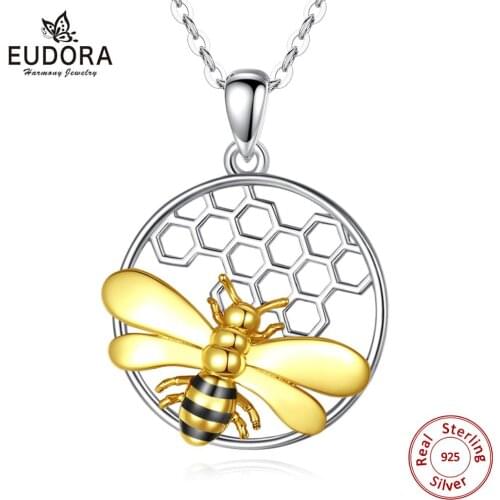 Eudora 925 Sterling Silver Cute golden Bee Pendant Necklace with hive choker for Women Silver fine Jewelry with Gift box CYD511