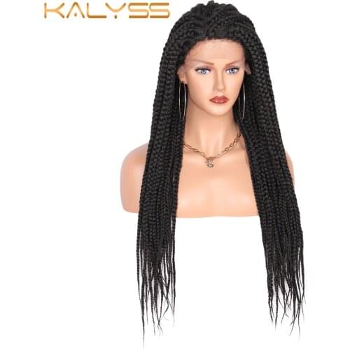 Kalyss 28 inches Braided Wigs for Black Women Synthetic Lace Front Wig with Baby Hair Black Box Braids Natural Side Parting Wig