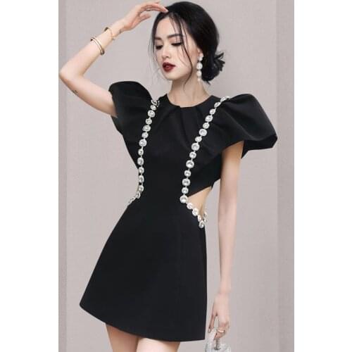 Sexy Black Ruffled Dress For Women O Neck Sleeveless High Waist Hollow Out Patchwork Diamond Mini Dresses Female Summer New