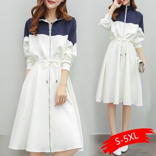 Awe-inspiring White Navy Drawstring Dres Spring Plus Size Color-blocked Long Sleeve A-line Pleated Dresses Casual Korean Vestido