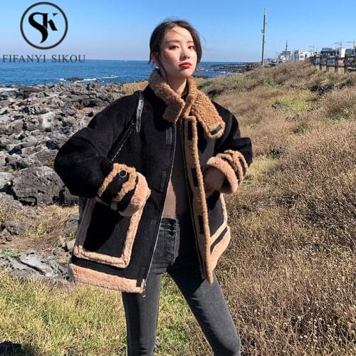 Corduroy Jacket Women Faux Lambswool Coat Autumn Winter Fashion Thick Warm Outerwear Casual Korean style Jackets Coat Female