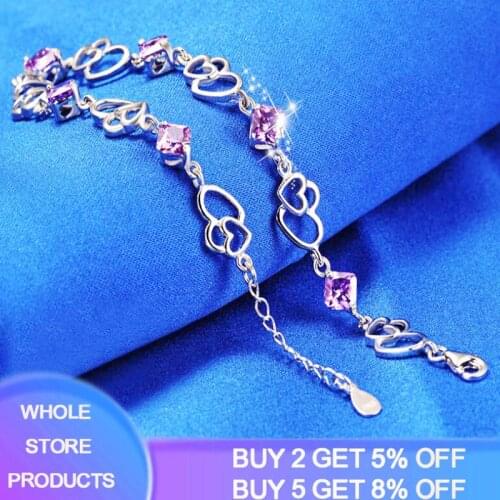YANHUI 100% Original 925 Solid Silver Bracelet Fine Jewelry Natural Crystal Amethyst Love Heart Elegant Bracelet Women Gift H013