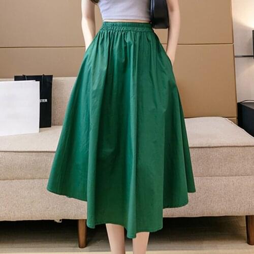 Casual Elastic High Waist Midi Umbrella Skirt Summer Womens Skirts Pocket Korean Fashion A-Line Skirt Female Solid Faldas Largas