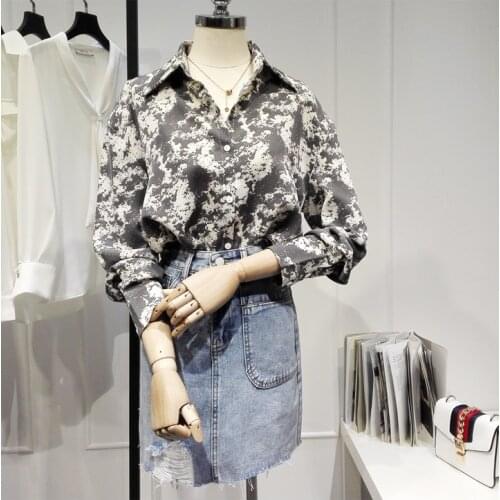 Womens Spring Autumn Runway Fashion Long Sleeve Print Shirt Female High Waist Casual OL Chiffon Blouse Tees Tops TB1645