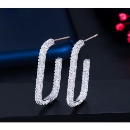 Shiny Pure White Cubic Zircon Micro Pave Geometric Silver Rectangle Hoop Earrings for Women 2021 Trendy Jewelry CZ858