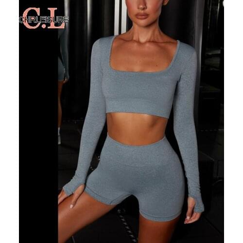 CHRLEISURE 2 Piece Set Women Shorts and Top Solid Color Seamless Knitting Running Fitness Set High Waist Sexy Elastic Sports Set