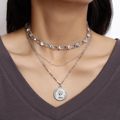 Vintage Multilayer Diamante Crystal Thick Chain Round Figure Pendant Necklace for Women Geometric Necklace Jewelry Kolye XR2740