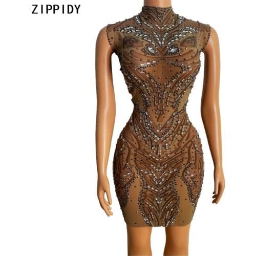 Silver Rhinestone Transparent Short Dress Women Dancer Singer Prom Outfit Evening Birthday Celebrate Sleeveless Dress