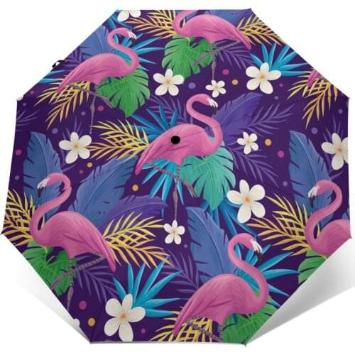 Wind Resistant Fully-Automatic Umbrella Colorful Flamingo Summer Floral Rain 3 Folding Parasol Travel Car Umbrella