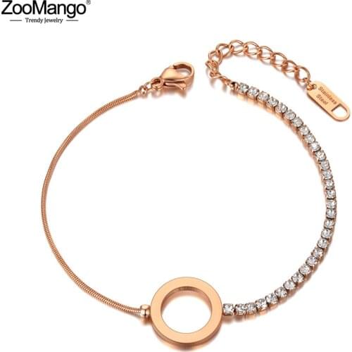 ZooMango Bohemia Titanium Stainless Steel CZ Crystal Chain Choker Bracelet Rose Gold Beach Circle Bracelet For Women ZB20066