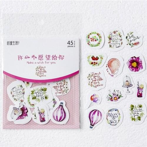45pcs /Pack Make A Wish Balloon & Floral Diary DIY Decorative Stickers Notebook Decoration