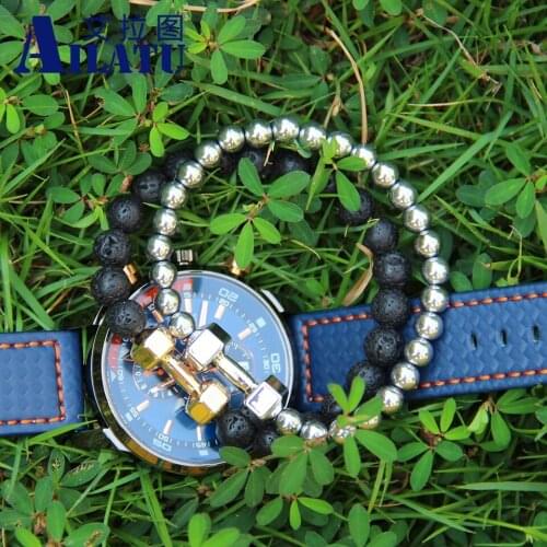 Ailatu Mens Power Dumbbell Jewelry Natural Beads Alloy Metal Fitness Barbell Charm Bracelet Women Pulseras Hombre Bracciali