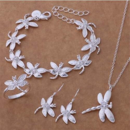 AS140 Hot Silver Fashion Jewelry Sets,Wholesale Sterling Silver Charms Bracelet 047 + Necklace 112 + Earring 154 + Ring 262