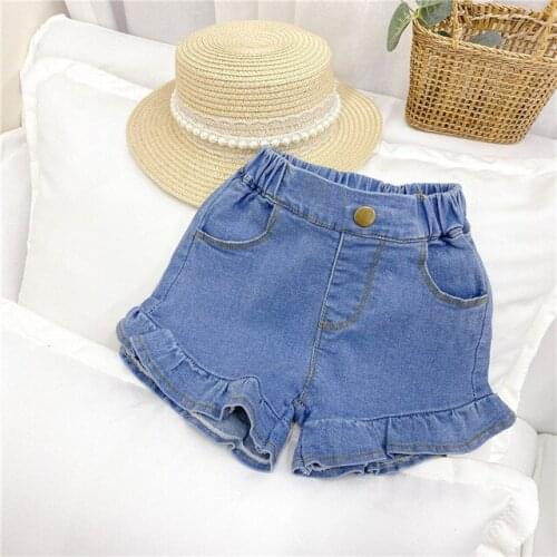 New Arrival Girls Summer Ruffle Elastic band Denim Jeans Short Toddler Kids Buttons Shorts Baby Hot Trousers Pants