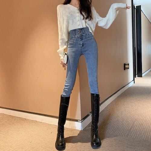Vintage Buttons High Waisted Skinny Jeans for Womens 2021 Fashion Stretch Denim Pants Streetwear Office Ladies Slim Pencil Pants