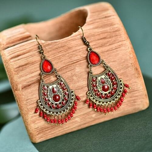 Ethnic Retro Green Beads Tassel Dangle Earrings For Women 2020 Gypsy Jhumka Indian Earrings Fashion Jewelry wholesale