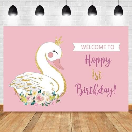 NeoBack 1st Birthday Backdrop Cisne Blanco Theme Photo Background Studio Pink Wall White Cute Swan Flower Photography Backdrops