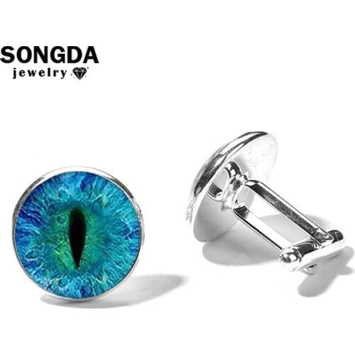 SONGDA Chameleon Blue Cat Eye Cufflinks High Quality Evil Dragon Picture Glass Cabochon Silver Plated Metal Men Shirt Cuff Links