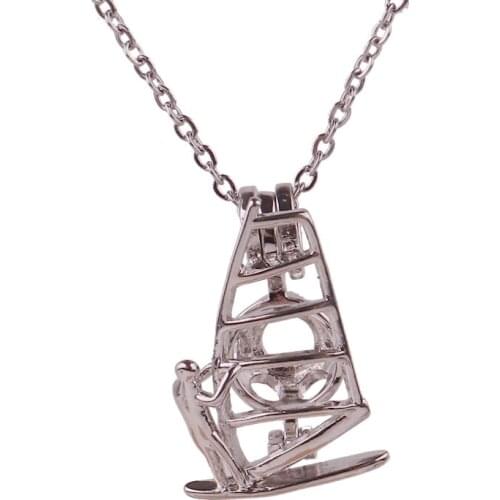 K1640 Dull Silver copper ship Sailboat Bead Pearl Cage Aroma Essential Oil Diffuser Locket Necklace with stainless steel chain