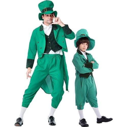 Man Boy Leprechaun St. Patricks Day Costume Halloween Ireland Parent-Child Parade Cosplay Carnival Fancy Party Dress
