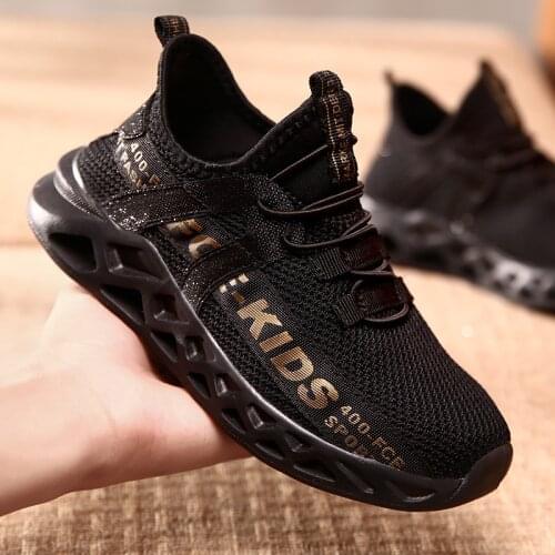 Boys sports shoes spring and autumn breathable double net fly woven boys shoes middle school students letters running shoes