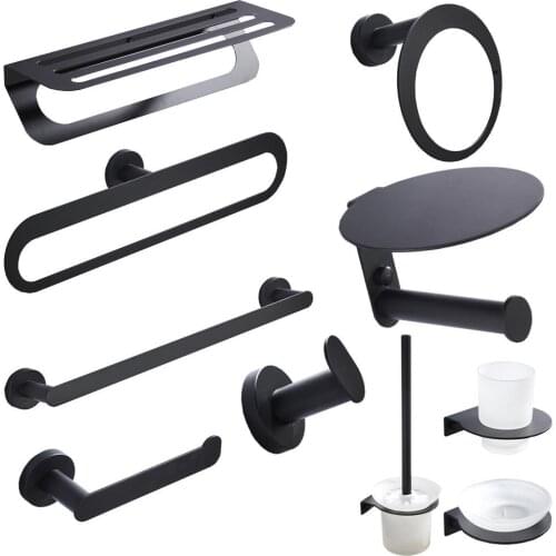 MTTUZK 304 Stainless Steel Matt Black Towel Rack,Towel Bar,Brass Black Hardware Set,Robe Hook,Toilet Brush Bathroom Accessories