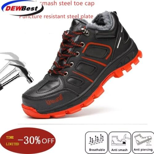 Dewbest Mens casual large steel toe cap work safety warm plush cotton shoes leather winter snow ankle boots anti-puncture 36-46