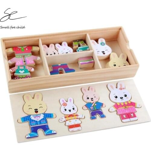 NEW Baby Cute Rabbit Change Clothes Puzzle Early Childhood Wooden Jigsaw Gift Toys for Children