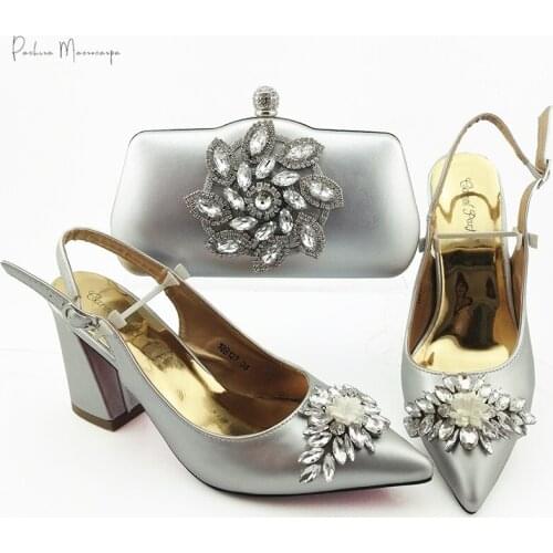 Latest Silver Color Ladies Shoes Matching Bag Decorated with Rhinestone African Party Shoes And Bag Nigerian Women Sandals Shoes