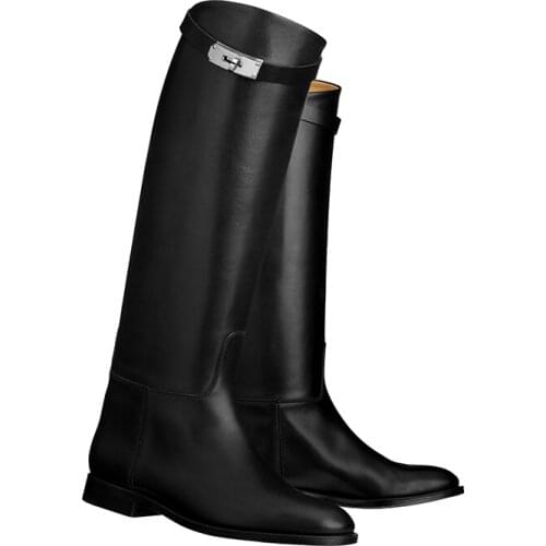 2021 New Knight boots Buckle Strap Metal Shark Lock Sexy Boots Woman Low Heel Knee High Boots Round Toe Femmes Chaussures