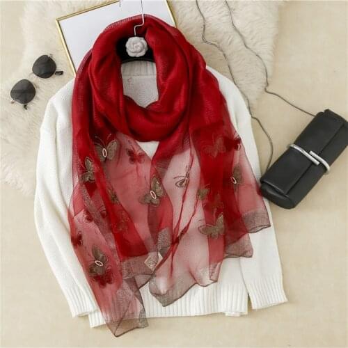 Butterfly Hijab New Silk Wool Scarves Womens Shawls Embroidery Present Soft Warm Long Shawl Solid Color Quality Scarf Wholsale
