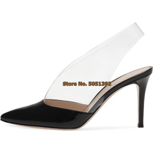 Transparent PVC Clear High Thin Heel Patchwork Pumps Leather Pointed Toe High Heels Slingback Sexy Large Size Shoes Back Strap