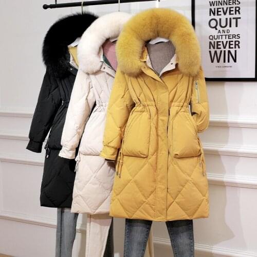 2020 new anti season down jacket womens hooded slim coat real hair collar white duck down medium length