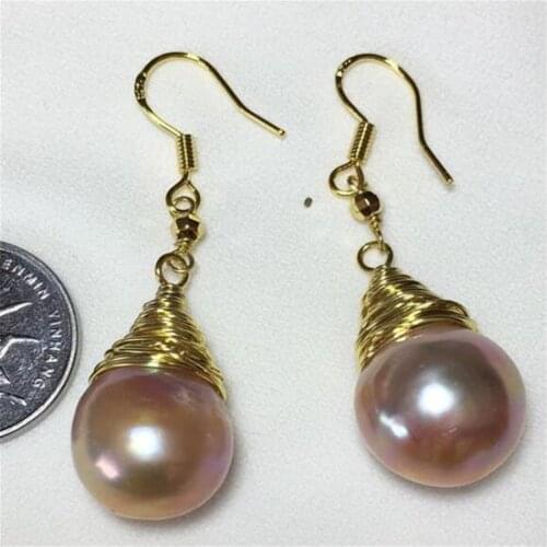 13-15mm Purple Baroque Pearl Earrings 18K Gold Ear Drop Dangle Fashion Real Natural Irregular Hoop Luxury Mesmerizing Jewelry