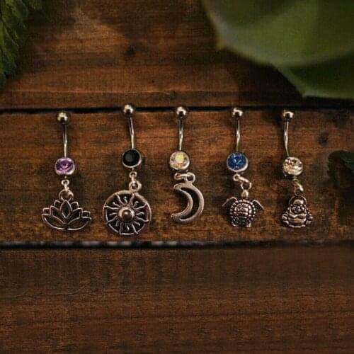 5PCS Surgical Steel Tortoise Piercings Ombligo 14G Star Moon Navel Piercings Belly Button Piercing Dangle Earrings Body Jewelry