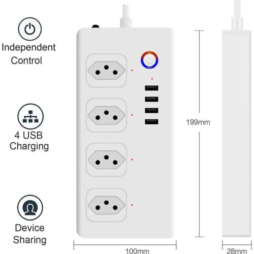 WiFi Brazil Power Strip 4 Sockets And 4 USB Ports 1.5m Extension Cord Smart Home Work With Alexa & Google Assistant