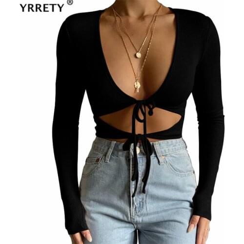 YRRETY Autumn Patchwork Crop Top Women Sexy Long Sleeve T-Shirt Street Casual Wear Tees Female V-Neck Knitted Hollow Out Clothes