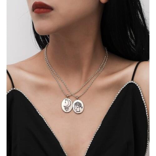 European and American jewelry with simple cross chain retro head moon pendant set necklace necklace for female