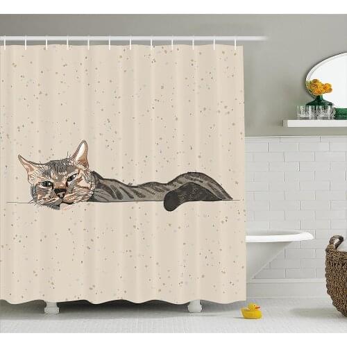 Cat Shower Curtain Lazy Sleepy Cat Figure in Earth Tones Cute Furry Mascot Indoor Pet Art Illustration Fabric Bathroom Decor