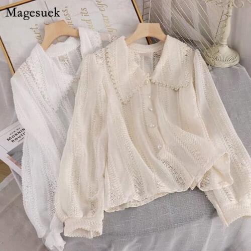2021 New Fashion Hollow Out Peter Pan Collar Tops Spring Elegant Lace Blouses Women Office Ladies Long Sleeves Solid Shirt 14562