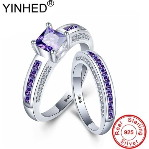 YINHED Luxury Princess Square Cut Purple Cubic Zirconia Couple Rings 2pcs 925 Sterling Silver Wedding Rings Set for Women ZR549