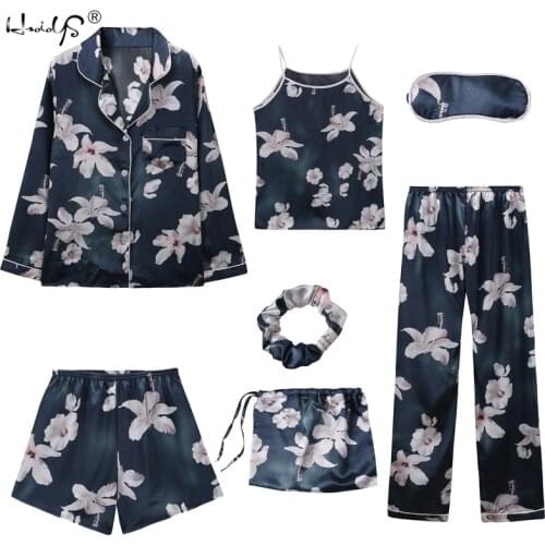 2019 Summer Women 7 Pieces Pajamas Sets Stain Faux Silk Pajamas Women Sleepwear Sets Autumn Winter Tops Home Clothing Nightwear