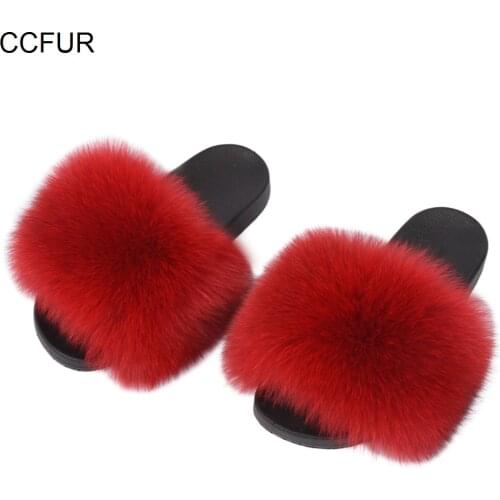 14cm Wider Fur Women Fox Fur Slides Real Fur Slippers CCFUR BIG Fluffy Fur Fashion Indoor Lady Natural Fur Sliders S6042