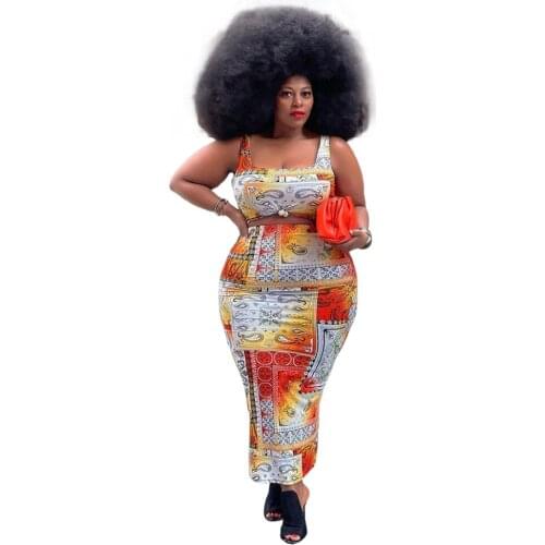 2021 Summer Printing Women Sexy Two Pieces Plus Size Sleeveless Square Collar Vest High Waist Bodycon Ankle-Length Skirts Sets