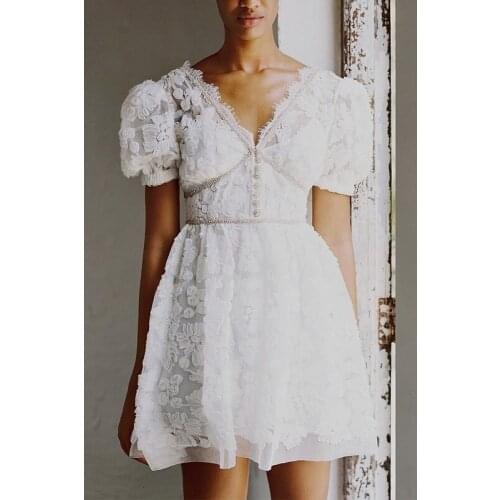 Women V-neck Diamond Mini Dress 2021 Early Autumn Lace Hollow Out Slim Three-Dimensional Flower Sweert Elegant Ladies Short Robe