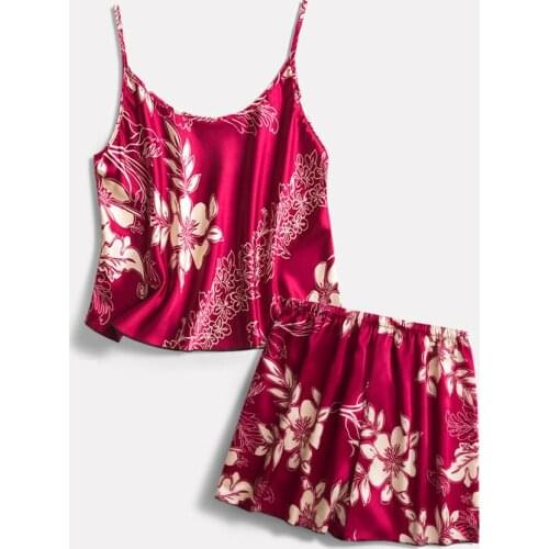 Women Silk Sexy Summer Lingerie Floral Pijiama Satin Spaghetti Strap Pajamas Gown Korean Two Piece Pajama Sets Navy Sleepwear